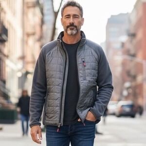 Orvis Mens Quilted Fleece Jacket Gray L G Insulated Zip Up Puffer Casual